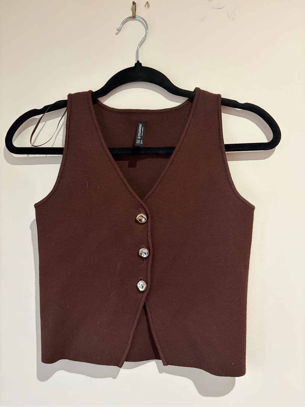 stradivarius Brown Knit silver accent Button-Front V-Neck Tank Vest